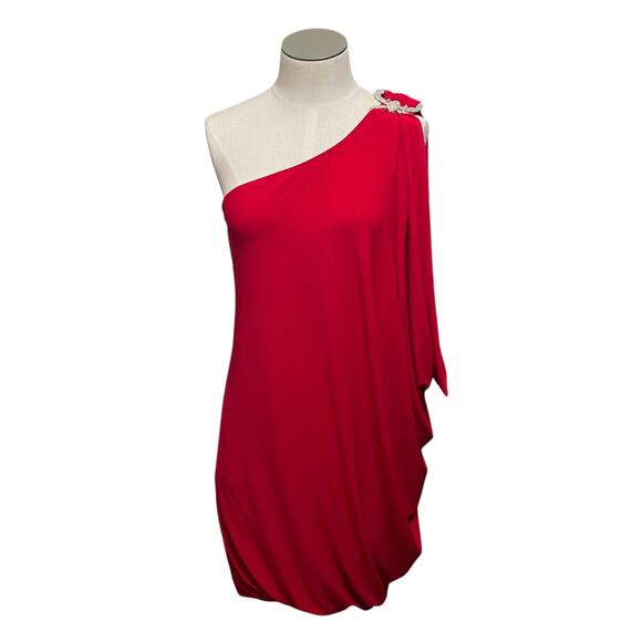 Cache Womens Vintage Red Holiday One Shoulder Rhinestone Drape Mini Dress Sz M - Picture 1 of 14
